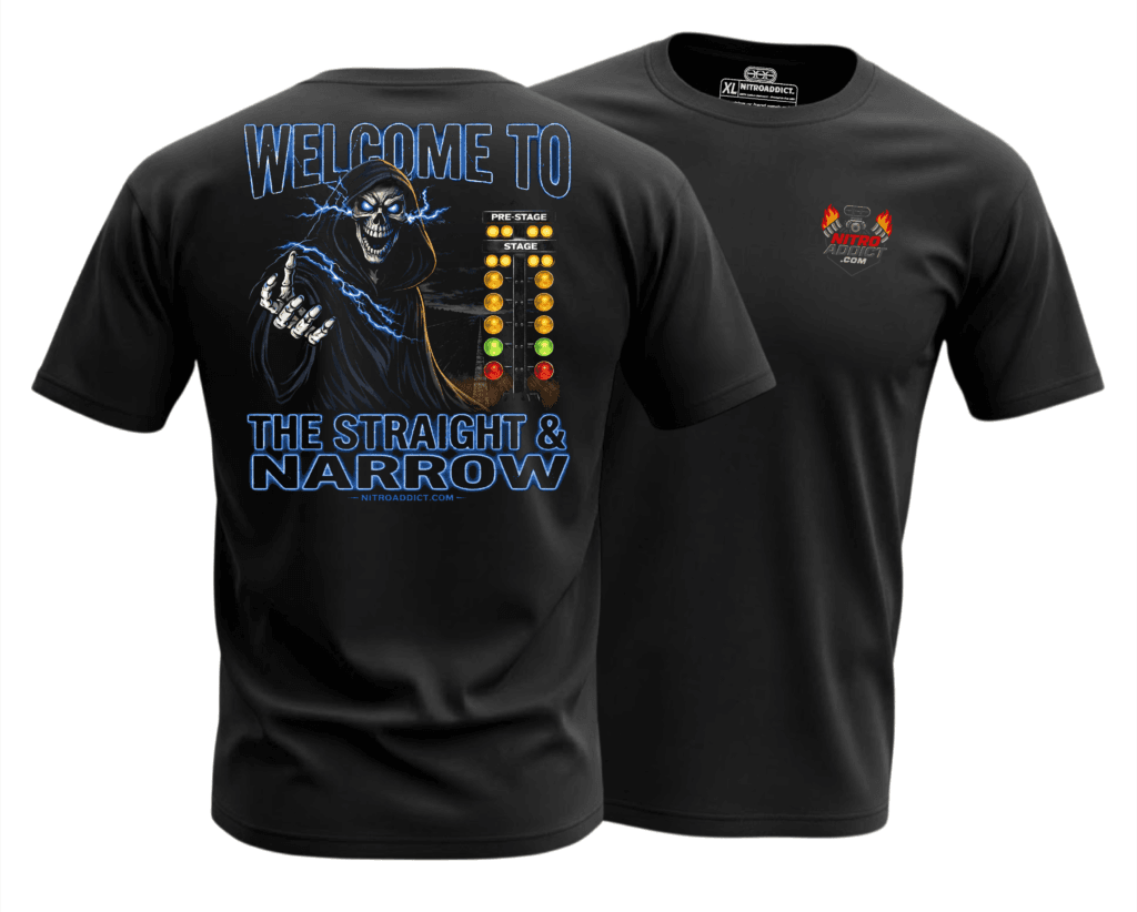 Nitro Addict drag racing shirt featuring grim reaper with lightning and drag racing Christmas tree with “Welcome to the Straight & Narrow” text on black t-shirt