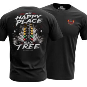 My Happy Place Has a Tree drag racing shirt with Christmas tree and smoky drag strip artwork