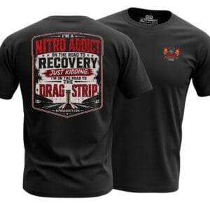 Nitro Addict Road to Recovery drag racing shirt with vintage back graphic and drag strip Christmas tree